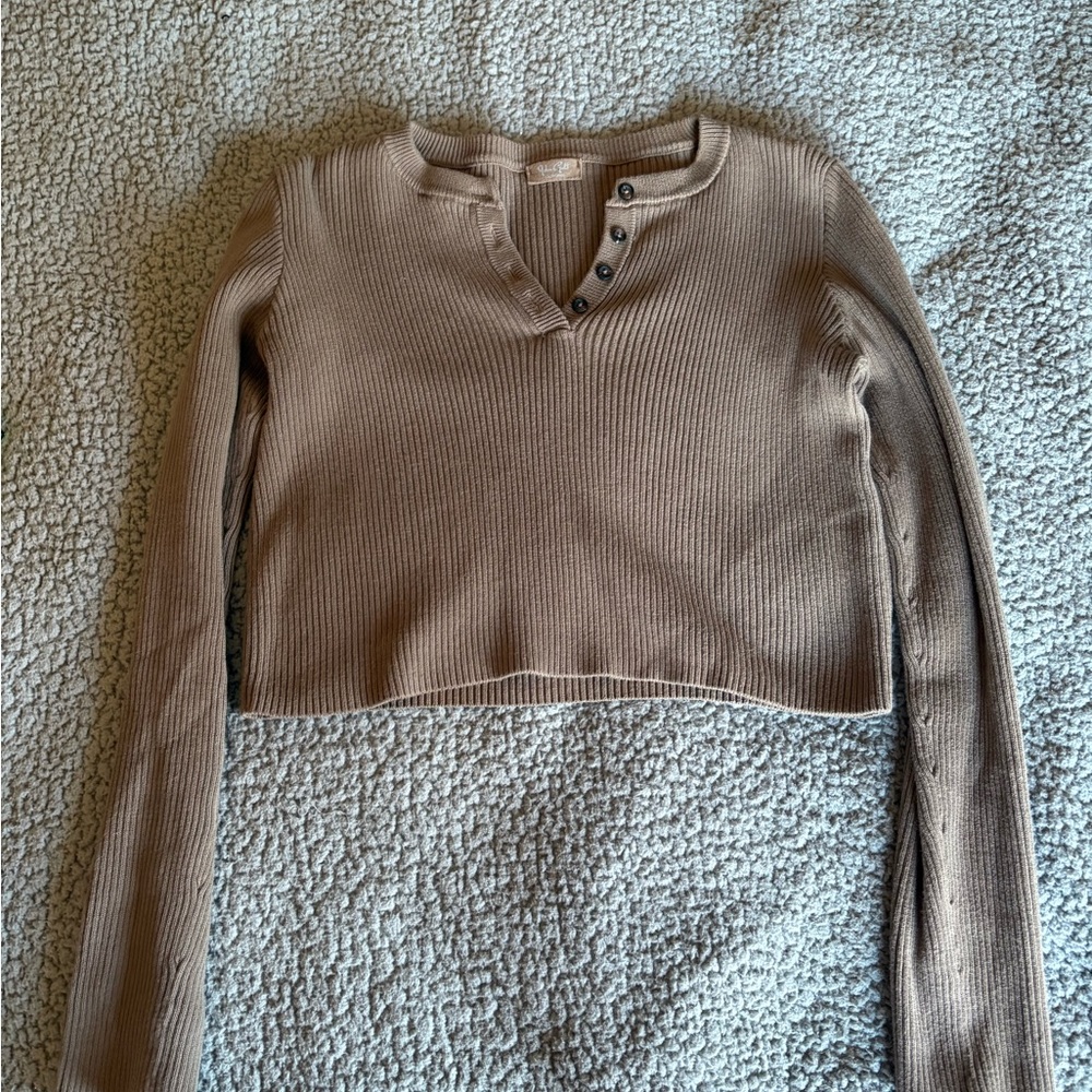 Brandy Melville Tan Crop Polo Sweatshirt
